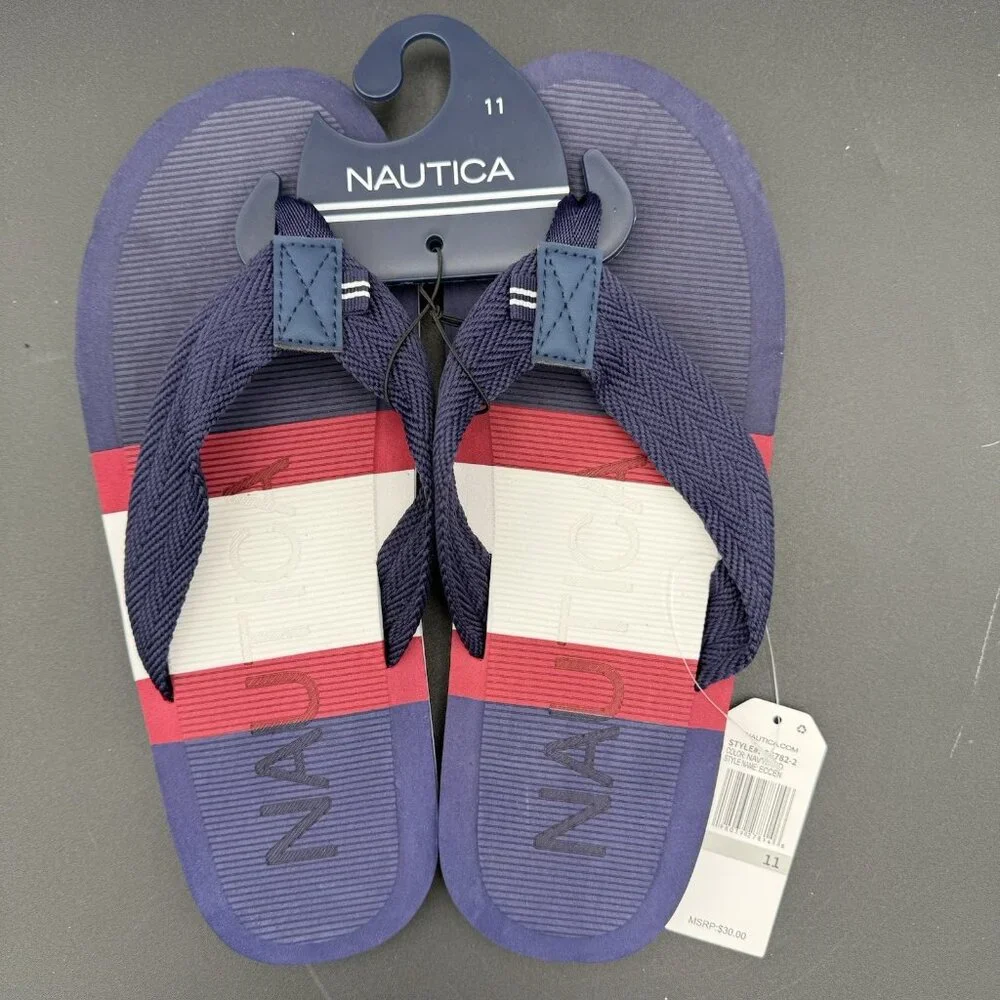 Nautica Mens Eccen Flip Flops Size 11 Navy Blue Red‎ White Striped Sandals